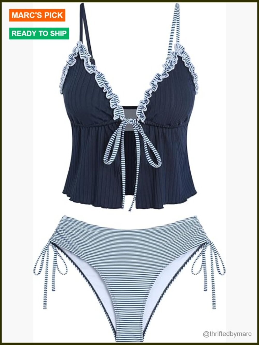 Smocked Ruffles Tie Front Tankini Set High Cut Tanga Bottoms